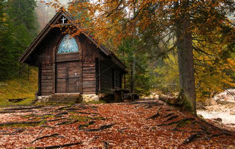 Wooden Chapel In Autumn Forest High Quality Nature Stock Photos