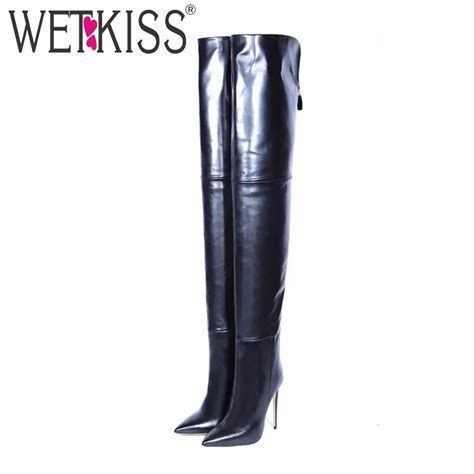 Wetkiss Pu Stiletto Heels Women Boots Zip Pointed Toe Footwear Boot Female Sexy Over The Knee