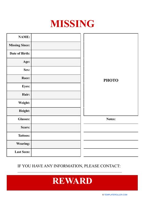 Missing Person Poster Template With Reward Download Printable Pdf