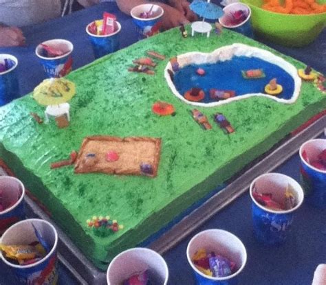 Saved by little froggy surf shop. Awesome pool party cake! The pool is jello, the sand box ...
