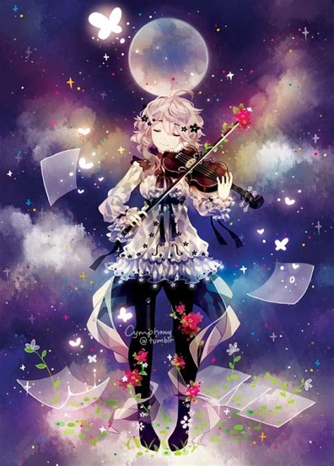 Anime Art Girl Musician Violin Moon Night Sky Anime