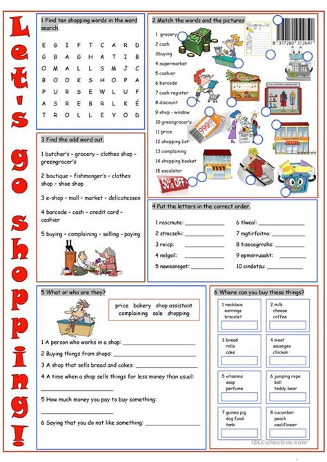 Complete the following sentences using appropriate forms of do, go or play. Shopping Vocabulary Exercises worksheet - Free ESL ...