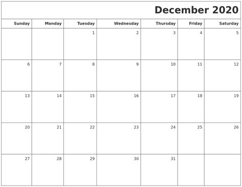 December 2020 Printable Blank Calendar