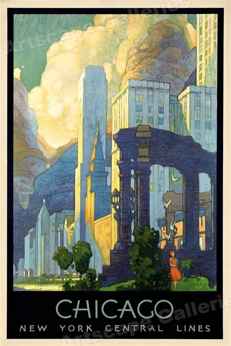 1920s Art Deco Chicago Vintage Style Ny Central Line Travel Poster