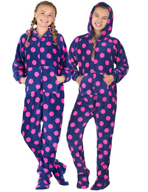 Footed Pajamas Footed Pajamas Navy Pink Polka Kids Hoodie Chenille