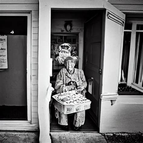 Fisheye Photo Front Door Old Woman Selling Cookies Stable Diffusion