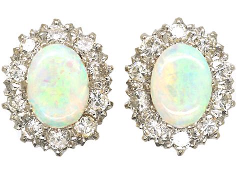 18ct White And Yellow Gold Opal And Diamond Oval Cluster Earrings 852n