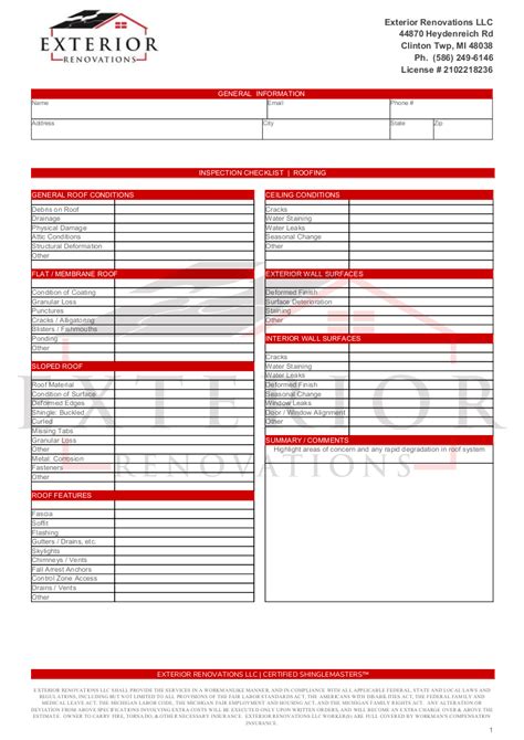 Roof Inspection Form Printable