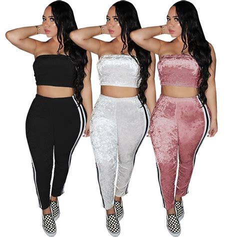 Two Pieces Outfits Women Autumn Sets Sexy Velvet Strapless Crop Tops