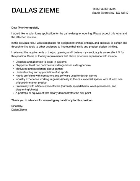 Game Designer Cover Letter Velvet Jobs