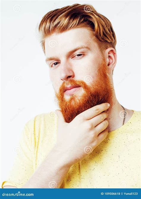 Young Handsome Hipster Ginger Bearded Guy Looking Brutal On White