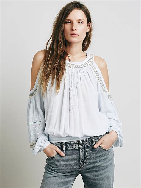 Lyst Free People Womens Embellished Banded Open Shoulder Top In Blue