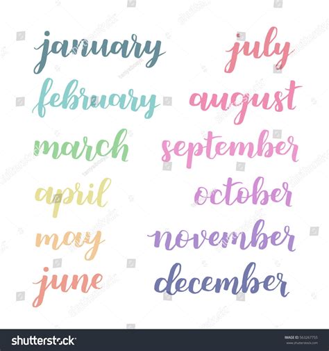 Calligraphic Set Of Months Of The Year Brush Handwritten Hand Lettering Names Of Months