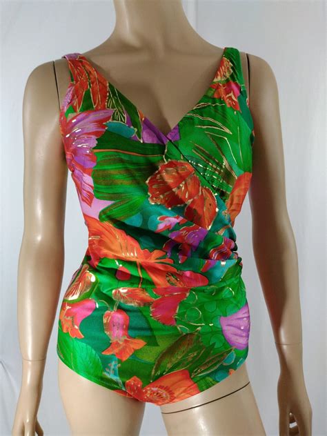 80 S Swimsuit Women S Bathing Suit One Piece Colorful Tropical Floral Green Orange Gold Bra Cups