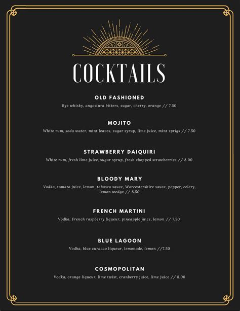 Cocktail Menu Template Word Free