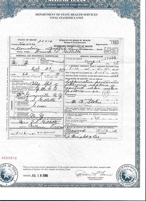 Frank S Gillette Death Certificate Roger W Smiths Theodore
