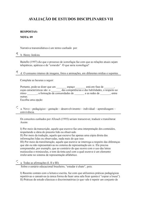 Avalia O De Estudos Disciplinares Vii Avalia O De Estudos