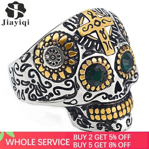 Jiayiqi Punk Gothic Titanium Stainless Steel Casting Skull Cross Ring