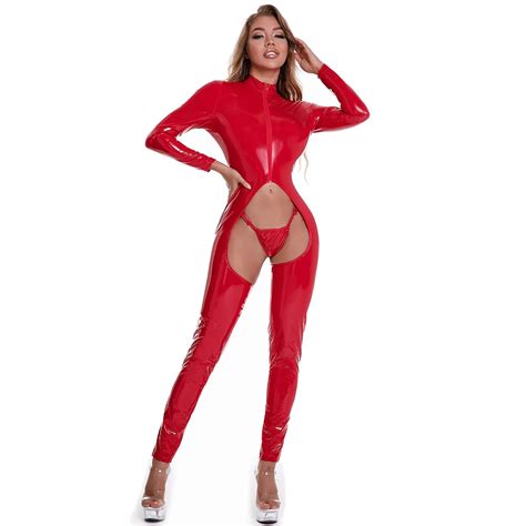 buy acsuss women sexy hollow out latex catsuit pvc exotic costume lingerie full bodysuit