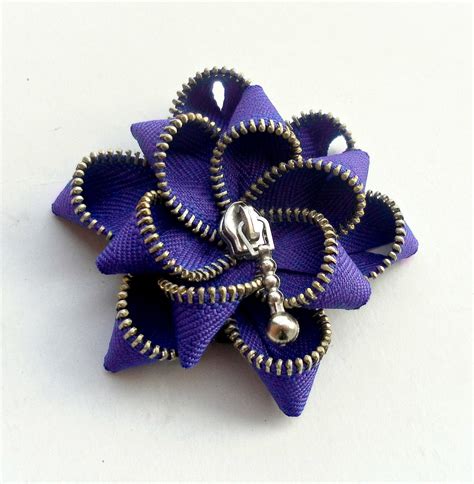 Indigo Blue Floral Zipper Brooch Zipper Jewelry Denim Jewelry