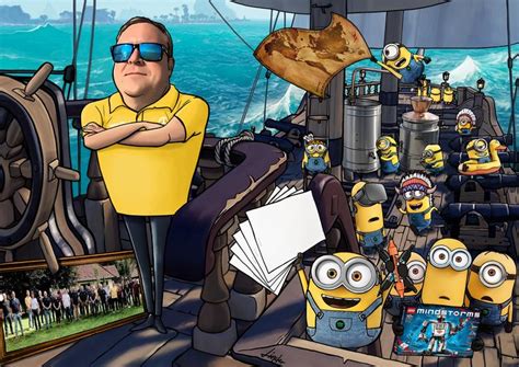 A Man Standing On Top Of A Boat Surrounded By Minions And Other Cartoon
