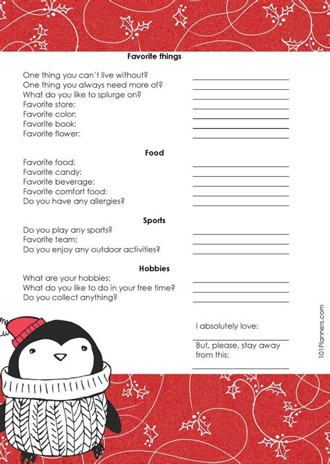 Printable Secret Santa Questionnaire Form Pdf
