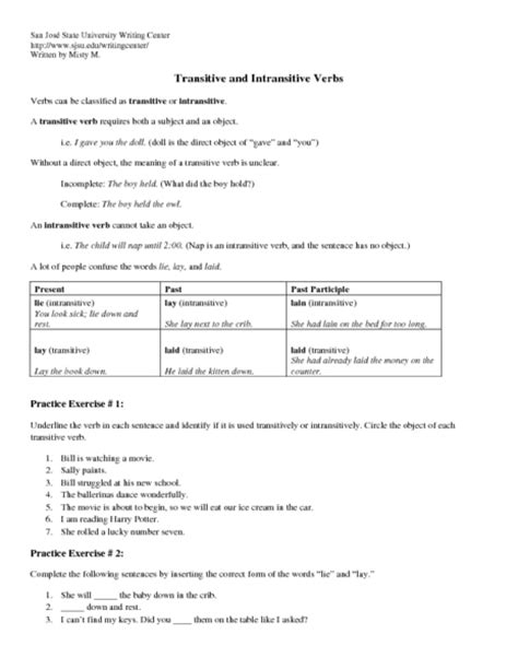 Transitive And Intransitive Verbs Worksheet For 4th 6th Grade