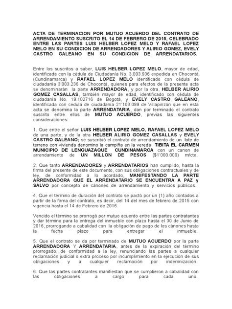 Formato Carta De Terminacion De Contrato De Arrendamiento De Local