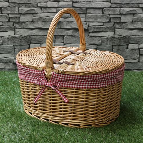 Oval Lidded Wicker Picnic Basket Red Check Lining - The Basket Company