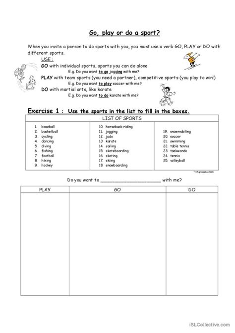 Go Play Or Do A Sport English Esl Worksheets Pdf And Doc