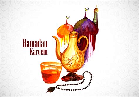 Ramadan Kareem Watercolor Greeting With Teapot And Beads 1056844 Vector