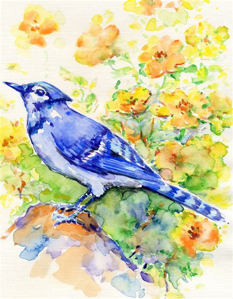 Set Of 2 Blue Jay Birds And Flowers Paintings Original Etsy