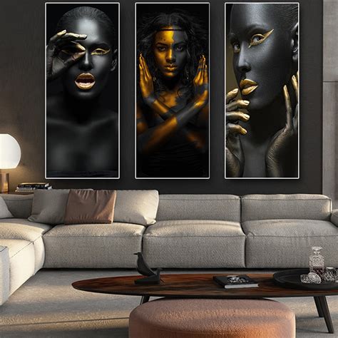 Black And Gold African Nude Woman Cuadros Canvas Painting Posters And