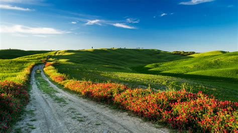 Tuscany 4k Italy Meadows Road Wildflowers Sky Hd Wallpaper