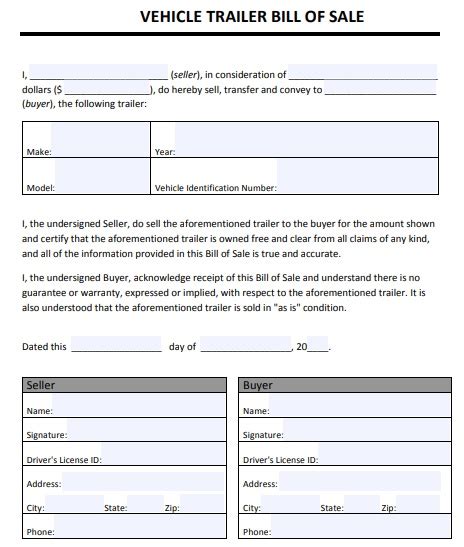 Free Printable Trailer Bill Of Sale Forms Word Pdf Best Collections