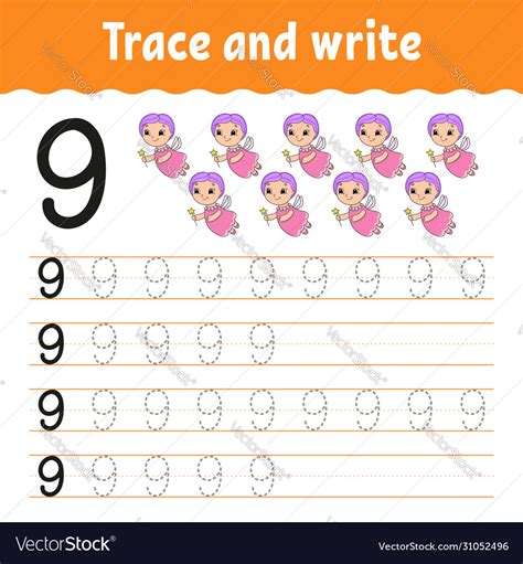 Trace And Write Number 9 Handwriting Practice Vector Image