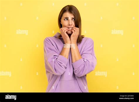 Troubles And Worries Portrait Of Nervous Woman Biting Nails Terrified