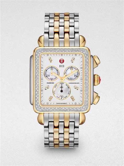 Michele Deco Xl Diamond Twotone Bracelet Watch In Gold Silver Metallic