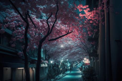 Premium Ai Image Tokyos Cherry Blossoms At Night