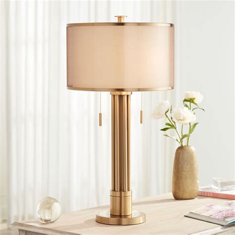 Possini Euro Design Modern Table Lamp Brass Column Taupe Organza Linen