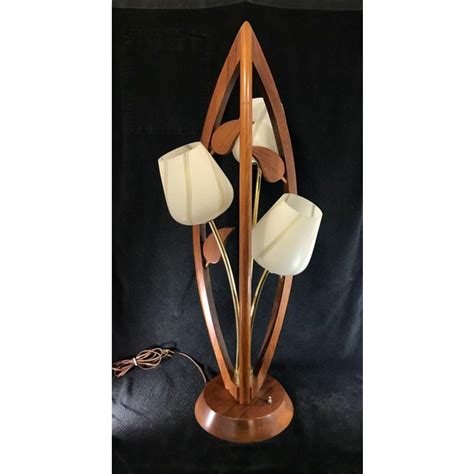 Danish Teak Wood Mid Century Modern Tulip Table Lamp With Original Frosted Glass Tulip Shades