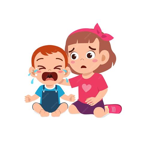Premium Vector Cute Little Girl Try To Comfort Crying Baby Brother