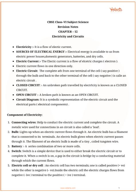 Cbse Class 6 Science Chapter 12 Electricity And Circuits Revision Notes