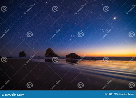 Night Landscape On The Pacific Ocean With A Landscape But A Starry Sky