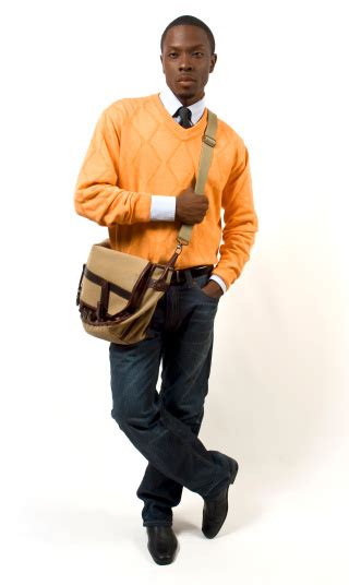 Black Male Model Pose In Hip Orange With Shoulder Bag Stock Photo