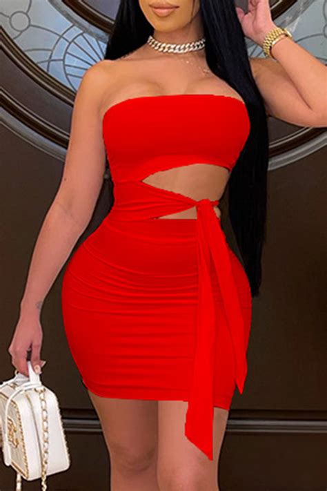 Red Fashion Sexy Solid Hollowed Out Backless Strapless Sleeveless Dressshort Dresses