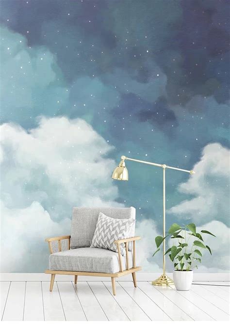 Removable Fabric Clouds Wallpaper Fantastic Starry Sky Mural Etsy