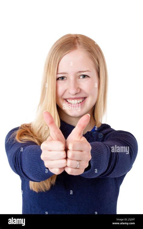 Woman Showing Two Thumbs Up Laughing Stock Photo Alamy