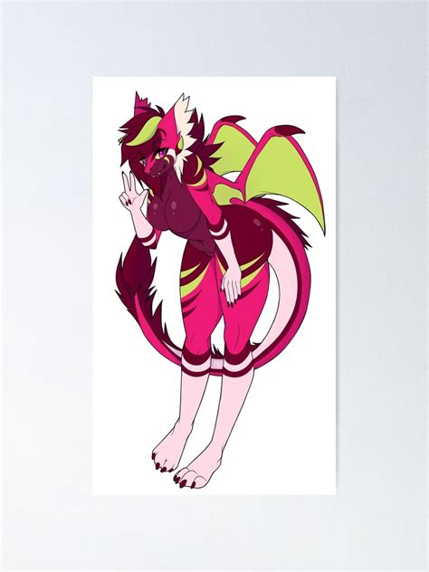 Pink Brown And Green Naked Winged Anthro Furry Dragon Poster