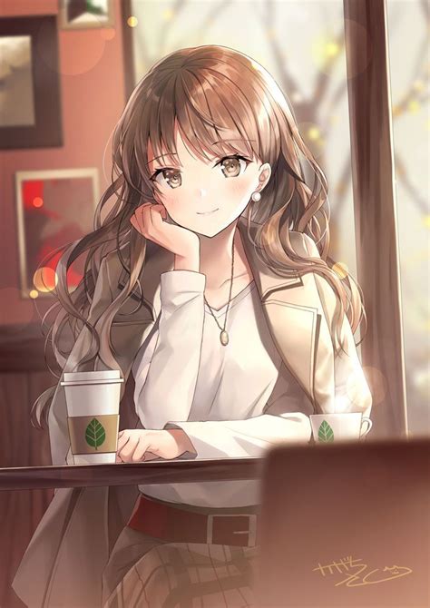 1girl bangs belt breasts brown hair brown jacket closed mouth coffee cup cup day disposable cup